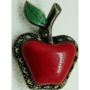 Sterling Silver Red Apple Brooch Green Enamel Leaf & Marcasite Accents For Women